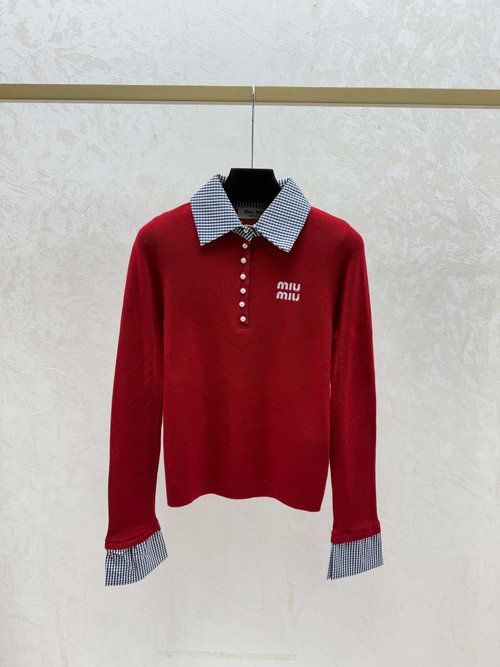 Miu Miu Contrast Color Lapel Simple Knitted Long Sleeve