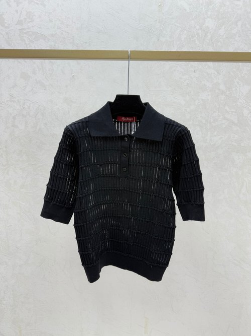 Max Mara White, Pink and Black Solid-Color Turn-Down Collar Knitted Short Sleeve