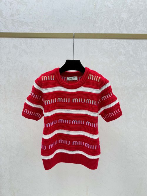 Miu Miu Contrast Letter Hollowed Round-Neck Knitted Short-Sleeved Top