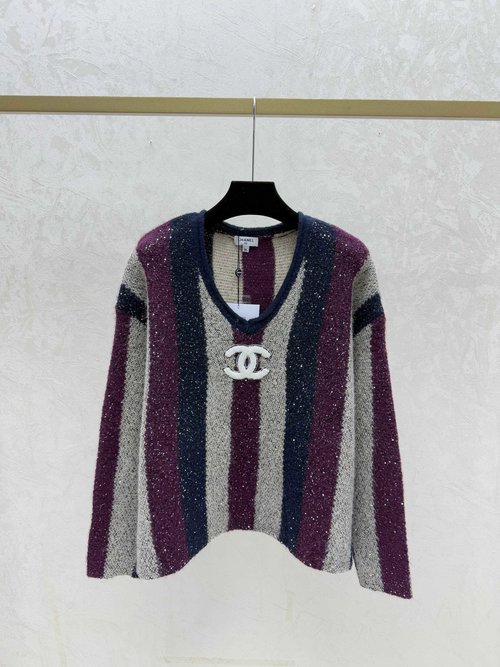 Chanel Contrast Stripe V-Neck Knitted Long-Sleeved Top
