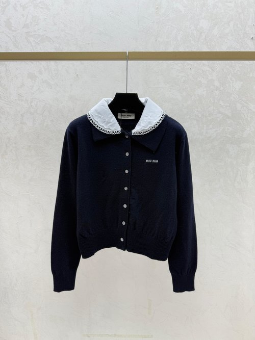 Miu Miu Gray Color-Blocked Lapel Simple Knitted Long-Sleeve Cardigan