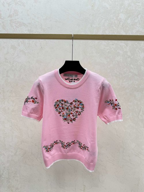 Dior Contrast Heart and Flower Round-neck Short-sleeved Knit