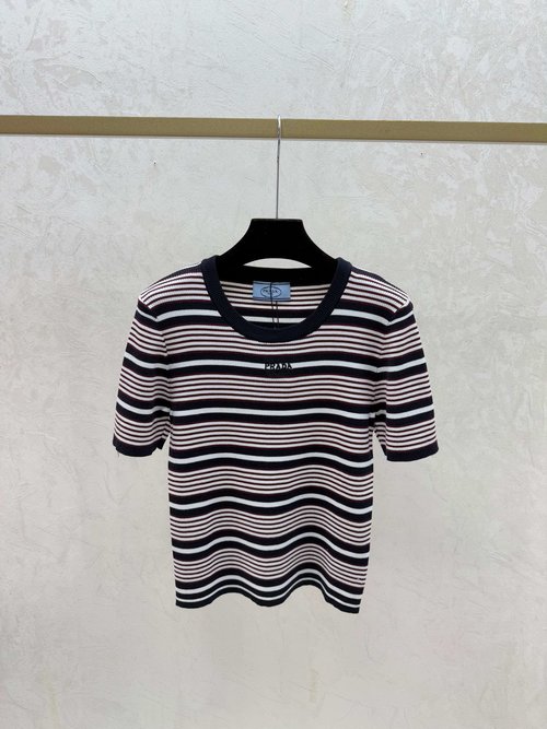 Prada Red and Sapphire Knitted Short-Sleeved Top with Color-Blocked Stripes