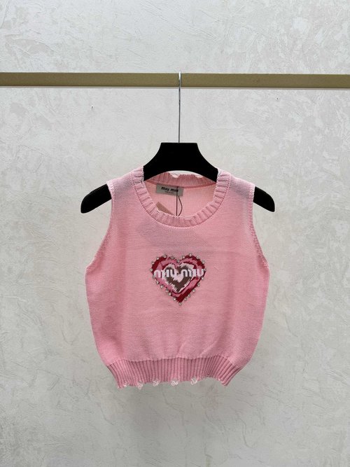 Miu Miu Heart and Letter Beaded Contrast Round Neck Knit Vest