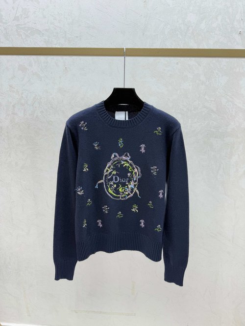 Dior Floral Contrast Round Neck Knit Long Sleeve Sweater