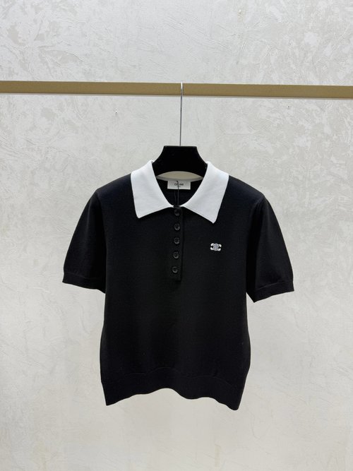 Celine Contrast Color V-Neck Knit Short Sleeve in White, Blue, Black