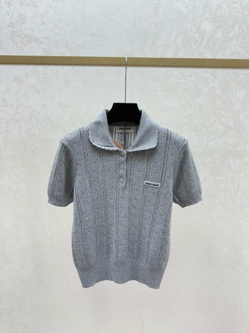 Miu Miu Spring Solid Color Hollow Knitted Top with Lapel