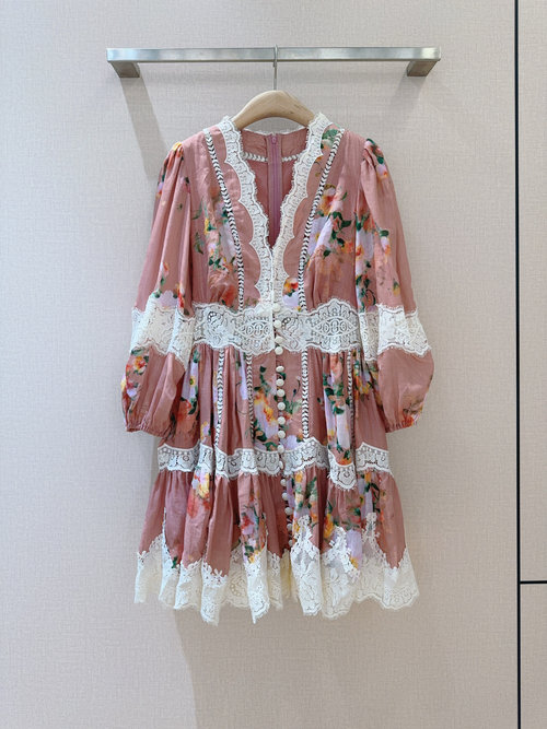 Zimmermann Pink Watercolor Floral Lace Trimmed Linen Mini Dress