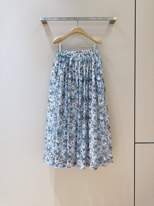 Dior High-Waisted Pleated Butterfly Print Skirt, Soft Cotton