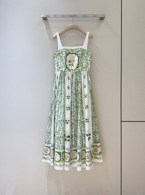 Dior White Dress with Green Vines and Flowers, Pearl Square Neckline