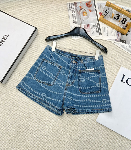 Chanel Ruffled Denim Shorts with Laser-Burned Flower Design