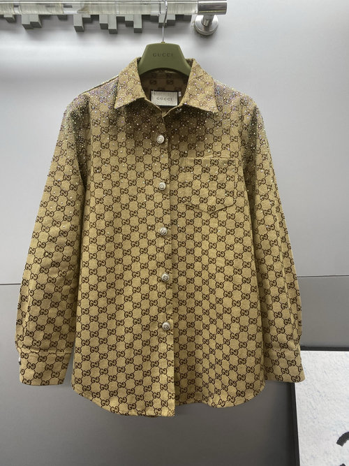 Gucci New Rhinestone-Trimmed Collared Shirt with Double G Jacquard