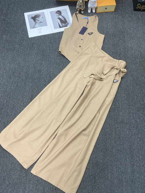 Prada Sleeveless Top and Wide-leg Pants Ensemble with Brand Emblem