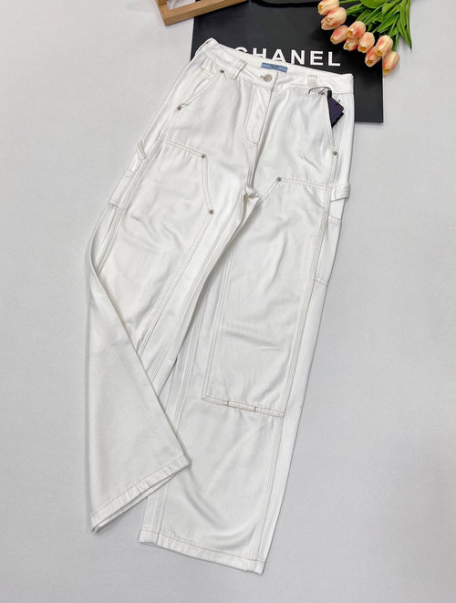 Prada White Denim Work Pants with Patchwork Design
