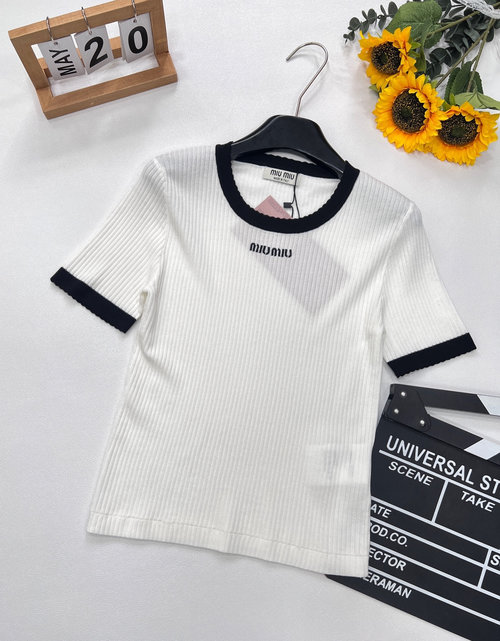 Miu Miu Satin Knit Short Sleeve with Contrasting Color and Letter Embroidery