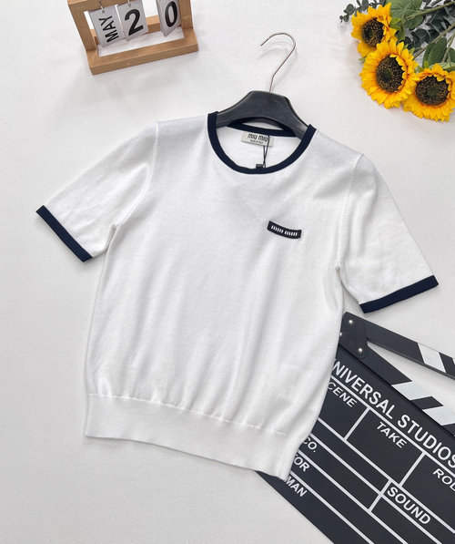Miu Miu Knitted Short Sleeve with Logo Patch and Contrasting Collar