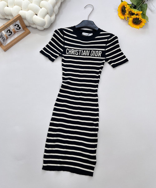Dior Classic Striped Dress with Collar and Letter Embellishment