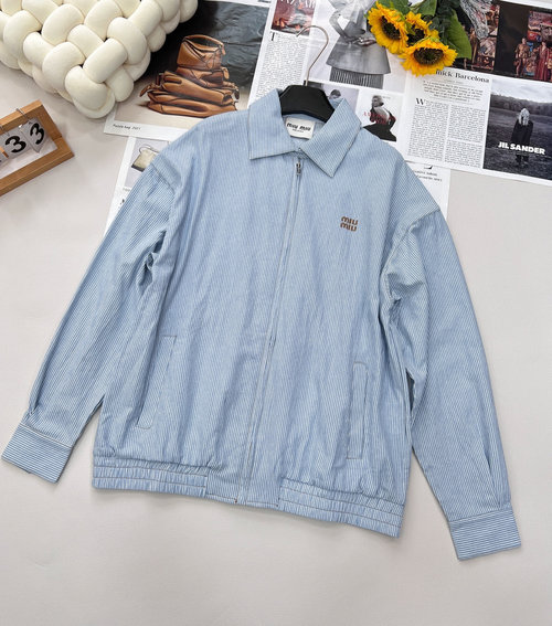 Miu Miu Light Wash Striped Denim Jacket with Embroidered Logo