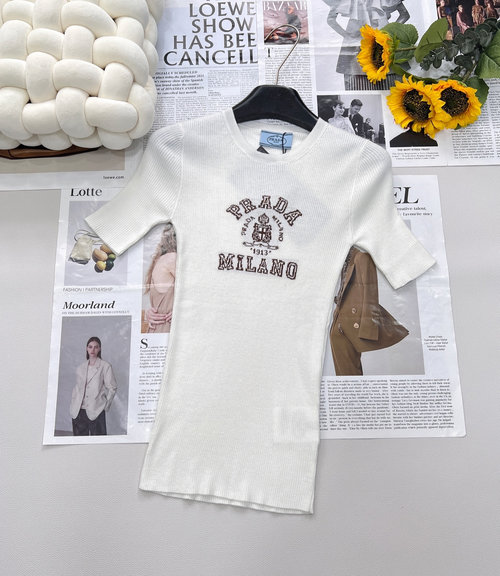 Prada Classic Logo-Embroidered Knit Top with Contrasting Trim