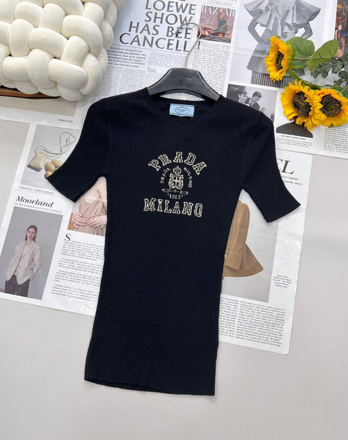 Prada Classic Logo-Embroidered Short-Sleeved Knit Top from Ribbed Collection