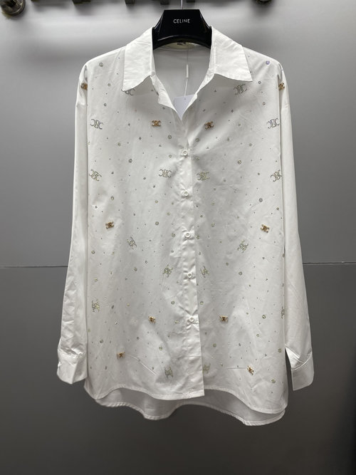 Celine Full Diamond-printed Logo Badge Shirt, Soft and Shining