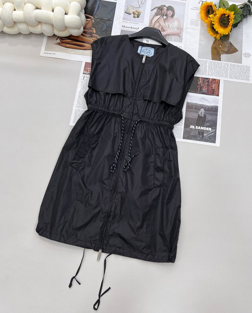 Prada Wine Red Nylon Dress with Triangle Logo & Drawstring Design