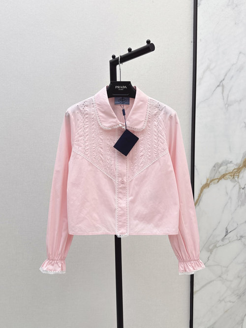 Prada South French Style Lace Long-Sleeve Shirt with Floral Embroidery