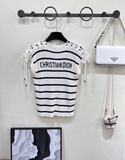 Dior Stripe Knit Vest with Adjustable Shoulder Tassel, Elegant and Versatile