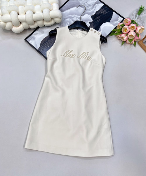 Miu Miu Elegant Pearl Letter Beaded Sleeveless Dress for Multiple Occasions