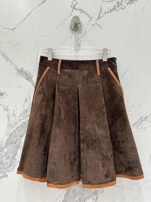 Miu Miu Exclusive Custom - made Slim - fitting Suede Plaid Skirt with Leather Trim
