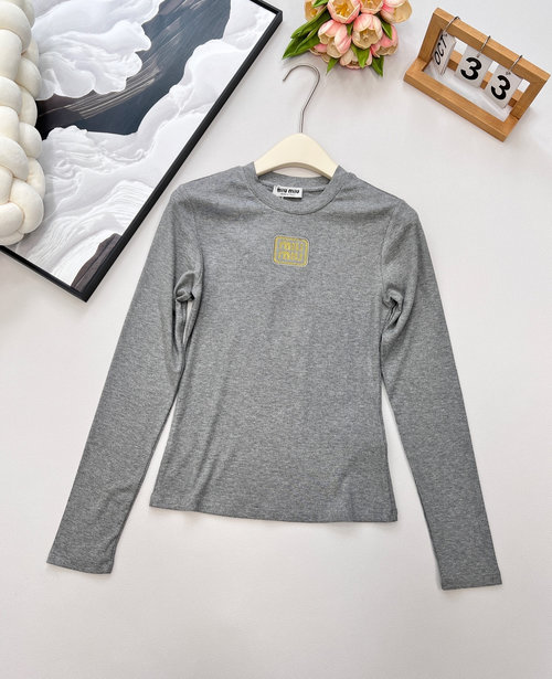Miu Miu Elastic Fitted Long Sleeve T-Shirt with Gold Thread Letter Embroidery