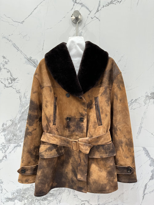 Miu Miu Exclusive Vintage Brown Double-Breasted Leather Coat with Fur Collar and Logo