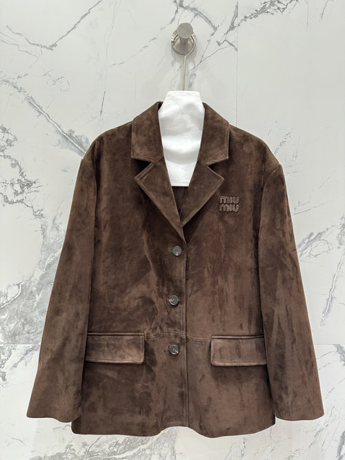 Miu Miu Exclusive Original Embroidered Logo Mid-length Genuine Leather Coat