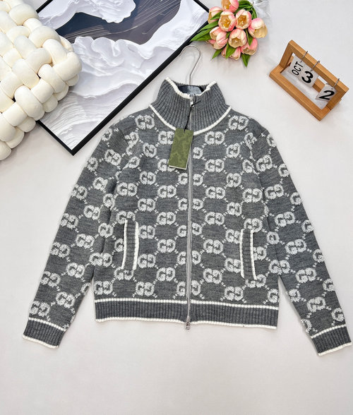 Gucci Limited Series Knit Zip-Up Cardigan with Double G Jacquard, Elegant