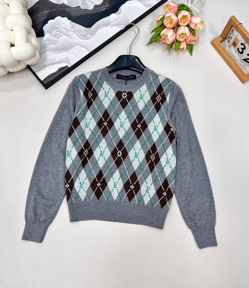 Louis Vuitton Spliced Checkered Long-Sleeved Jacquard Sweater