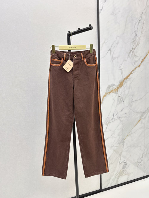 Miu Miu Denim Pants with Leather Trim and Logo Embroidery, Trendy