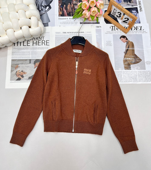 Miu Miu Customized Letter Knit Baseball Jacket with Metal Zipper