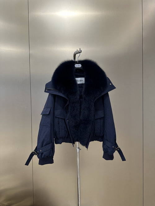 Max Mara Sophisticated Goose Down Fur Coat with Imported Fox Fur Collar