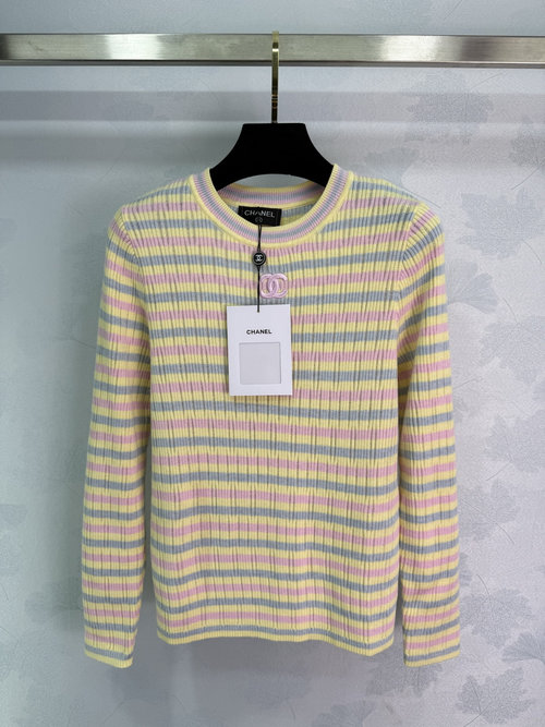 Chanel Striped Knit Long - Sleeve with Double C Embroidery Logo