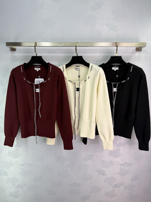 Chanel Lace-up Long-sleeved Knit Top with Double C Logo, Stylish and Versatile