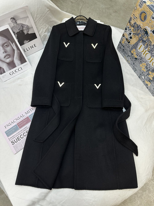 Valentino Double-Faced Cashmere Long Coat with Golden V Buckle Design