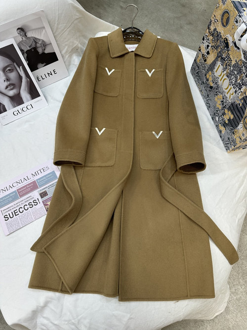 Valentino Double-Faced Cashmere Long Coat with Golden V Buckle Design