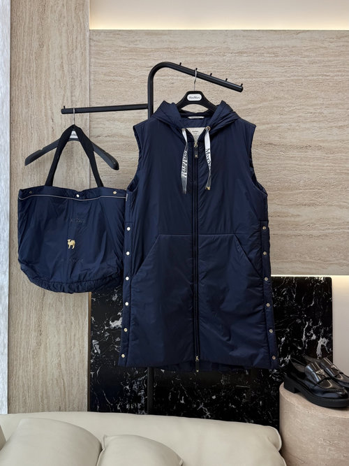 Max Mara Series Camel Hair and Silk Blend Long Vest in Black, Brown & Blue