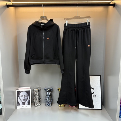 Celine Fashionable Hoodie and Flare Pants Two-piece Set in Gray or Black