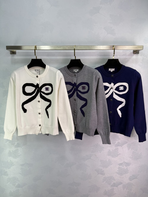 Chanel Bowknot Knit Round - neck Cardigan with Brand Logo