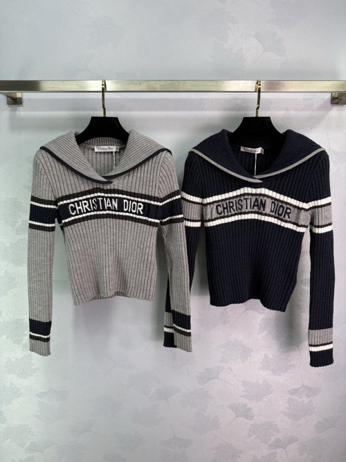 Dior Navy Collar Knit Shirt with Logo and Stripe Collage, Suitable for Skirts or Trousers