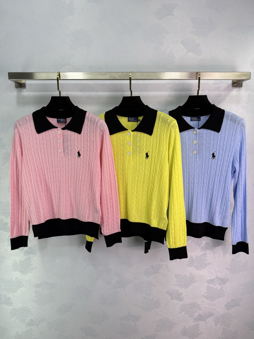 Polo Ralph Lauren Contrast Collar Knit Blouse with Horse Embroidery