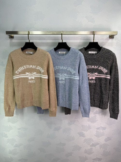 Dior Solid Color Knit Round-Collar Long-Sleeve Top with Logos