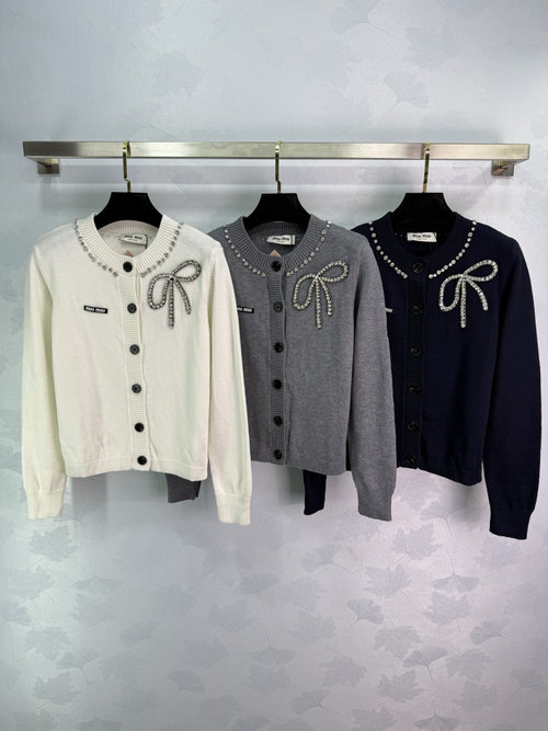 Miu Miu Bow-Knit Cardigan with Beaded Bow and Black Buttons, Elegant and Chic