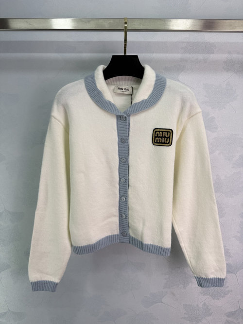 Miu Miu Light Blue Trimmed Knitted Cardigan, Fresh and Graceful in Appearance